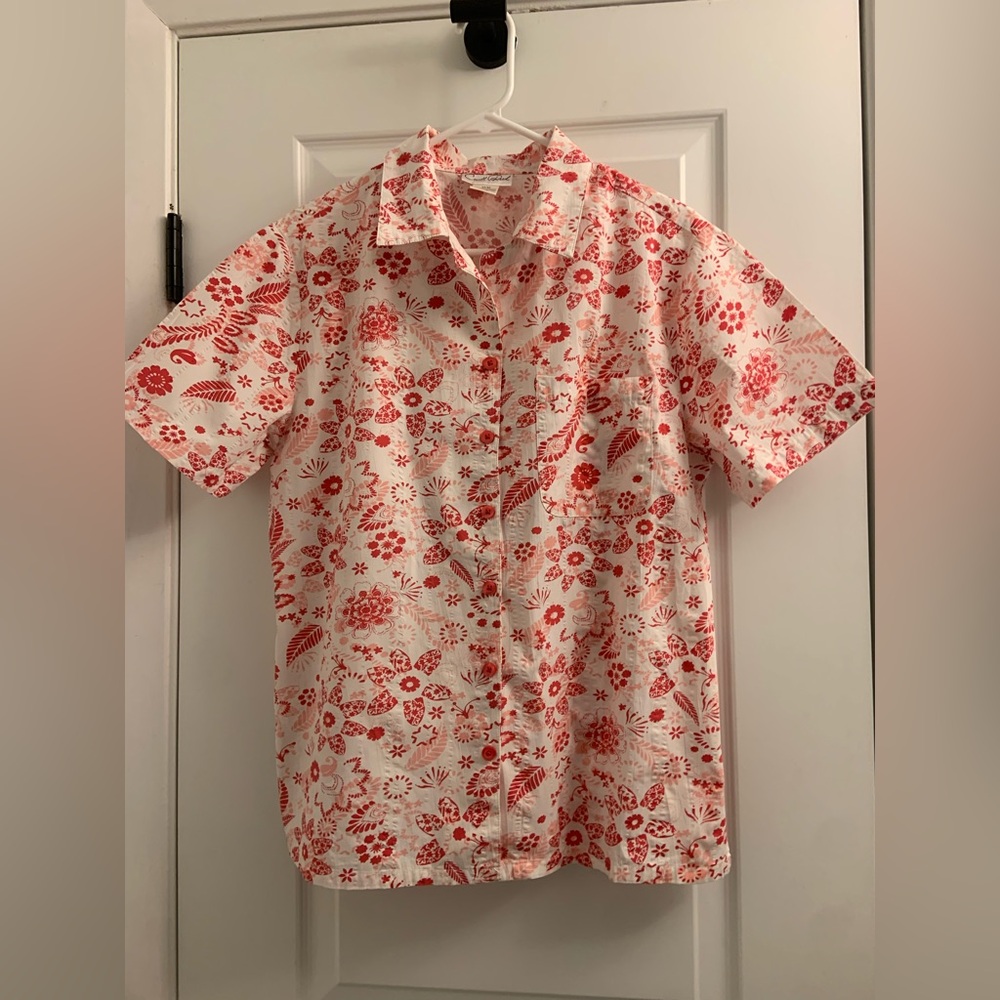 Red and White Floral Button Down Shirt